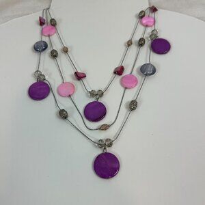 GNW Purple & Pink Coin Shaped Abalone Bead Triple Strand Necklace NWOT Beautyful